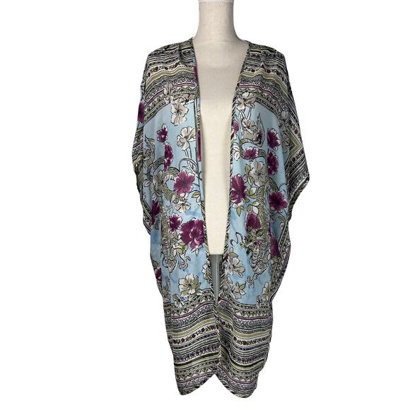Boho Kimono Cardigan Sheer Dragon Floral Print 1X Festival Beach Cover Up - Picture 1 of 8